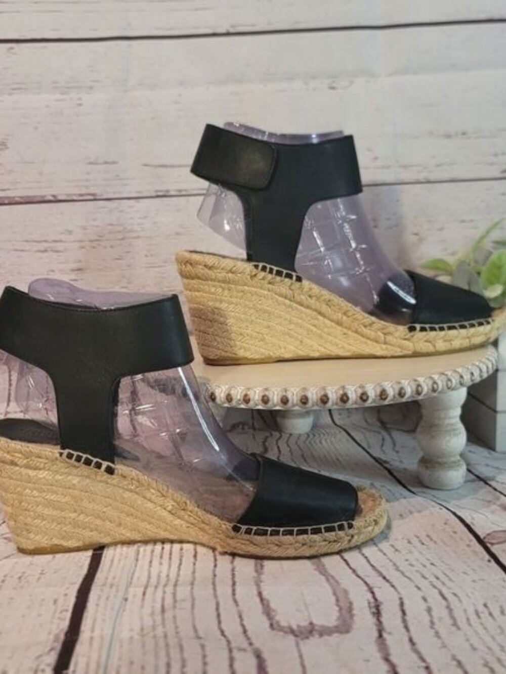 Vince Sophie Black Leather Espadrille Wedge Peep Toe Sandals Size 11M